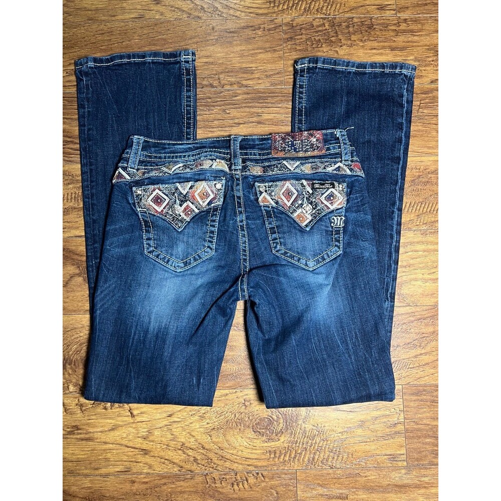 Miss Me Aztec-Embroidered Y2K Inspired Bejeweled Bootcut Jeans size 28
